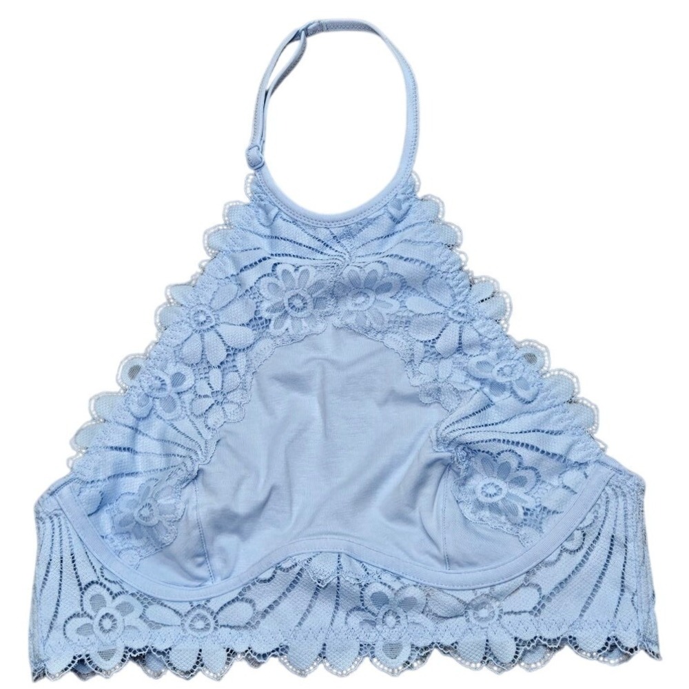 Colsie Womens High Neck Halter Floral Lace Bralette Light Blue XS 32A